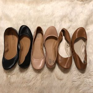 3 pairs of ballet flats—black, tan, brown